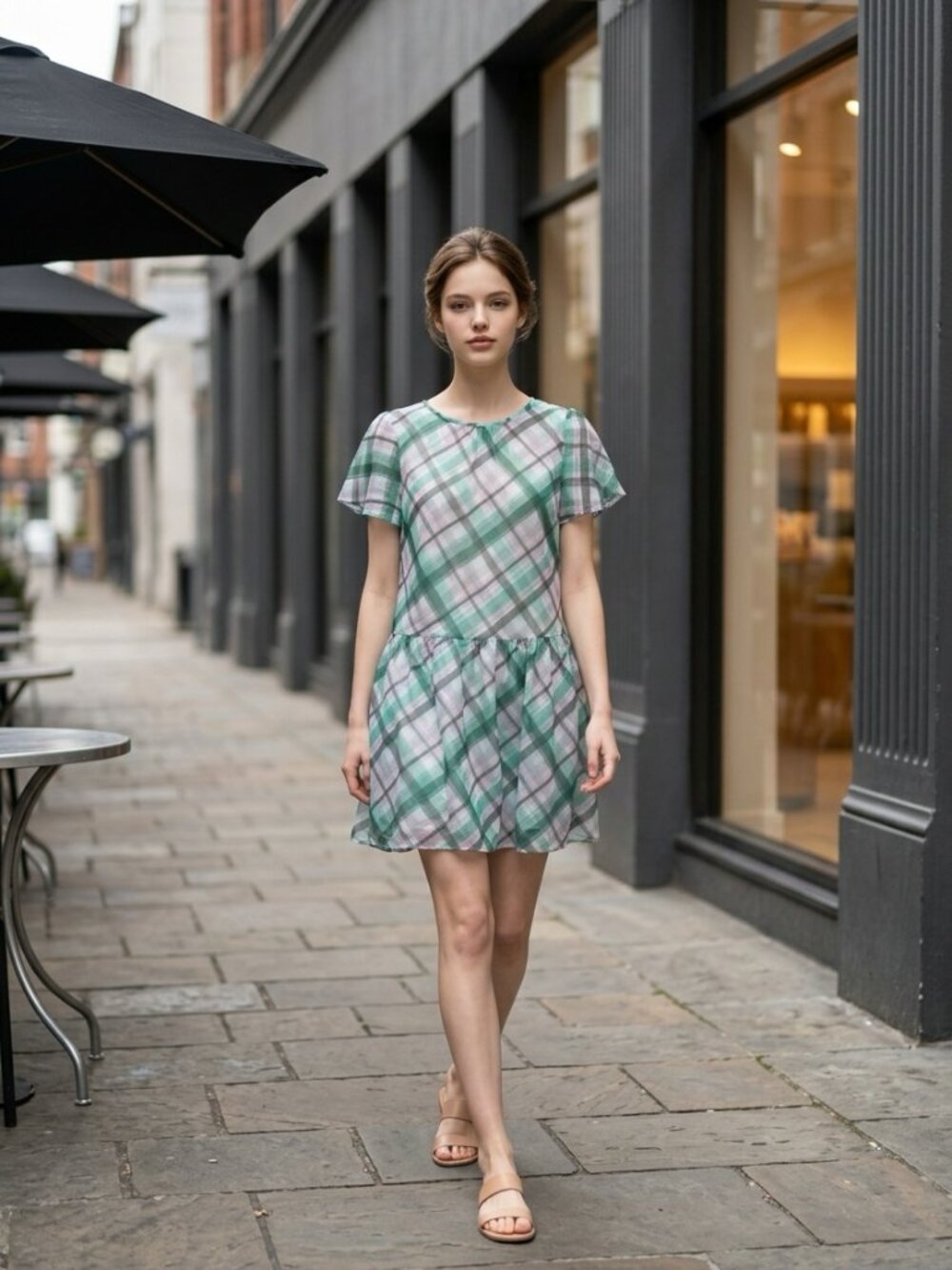 Ann Taylor Plaid Flutter Sleeve Drop Waist Dress Size 2 Green Pink Sheer